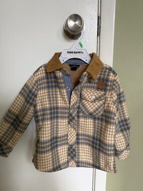 Eddie Bauer Tan & Blue Plaid Sherpa-Lined Button Shirt